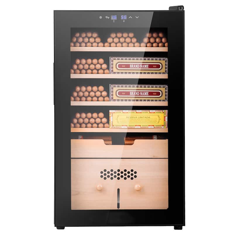 Electric Cigar Humidor Spanish Cedar Wood & Double Mirror Glass Cigar Humidor, Gift for Men - 70L Black