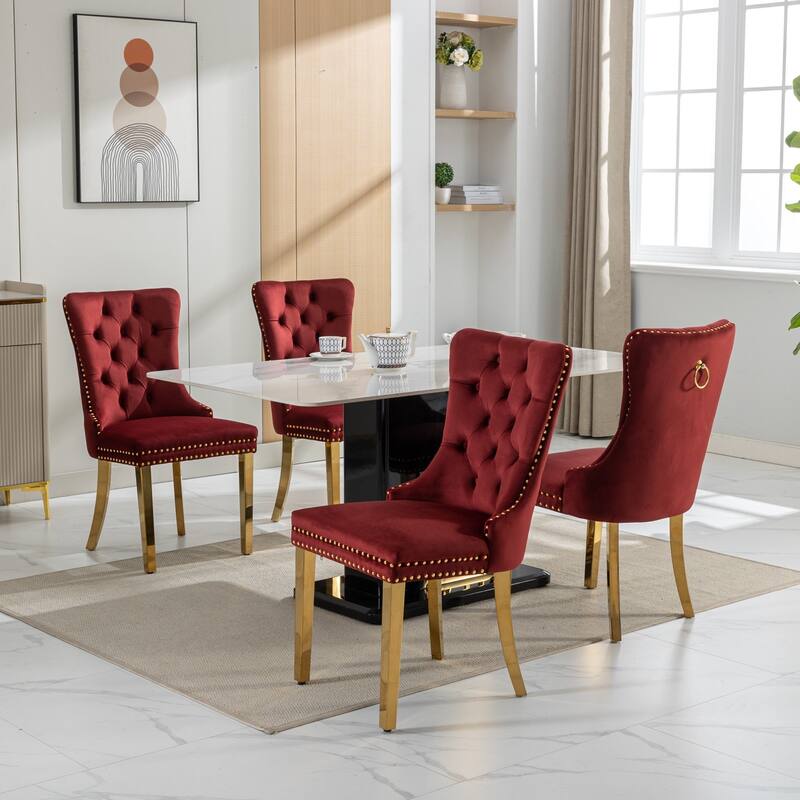 Velvet Dining Chairs Set of 2, Tufted Upholstered Dining Room Chairs, Kitchen Chair with Back Ring Pull & Nailhead Trim