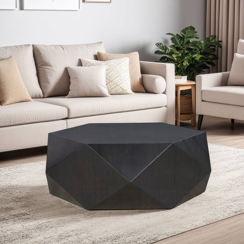 Hano Coffee Table, Black Rubberwood, 50 Inch, Modern Geometric Body