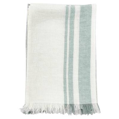 50 Inch Throw Blanket, Soft Belgian Flax Linen, Sage Green Stripes, White