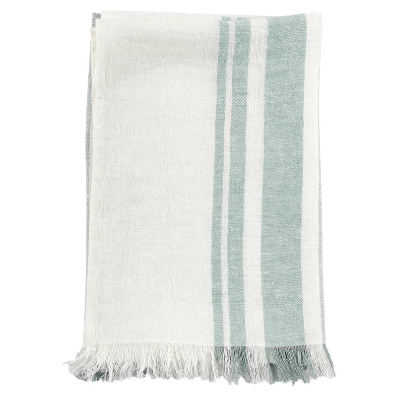 50 Inch Throw Blanket, Soft Belgian Flax Linen, Sage Green Stripes, White - White