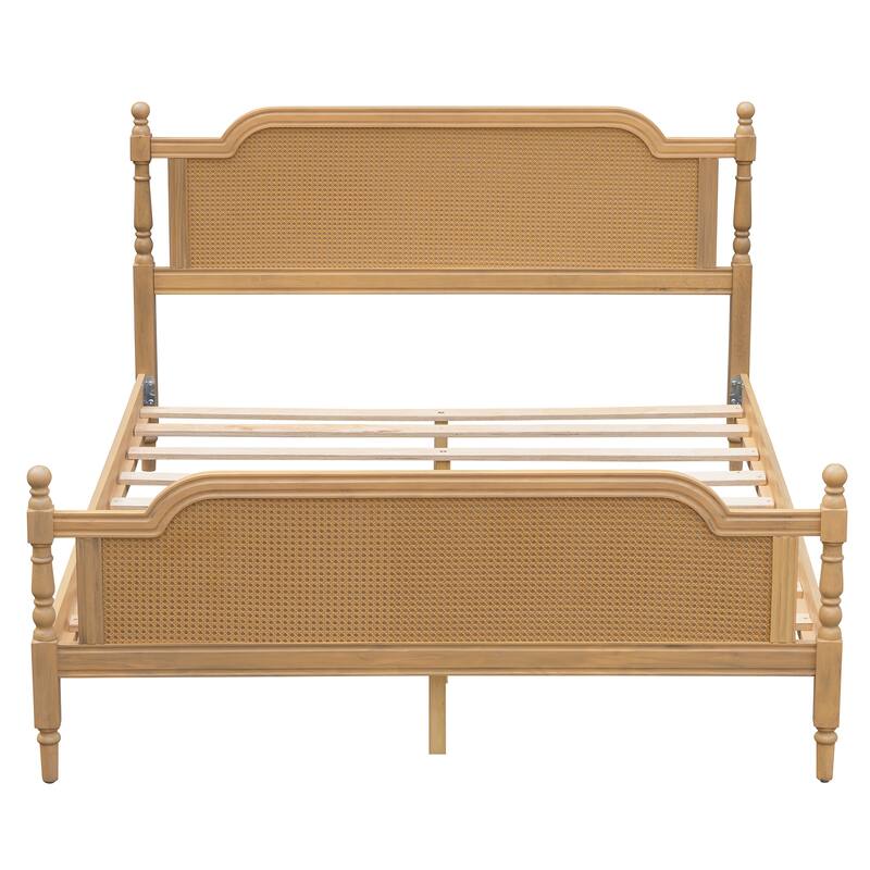 Rattan Platform Bed Frame Wooden Bed Classic Bed, No Box Spring Needed