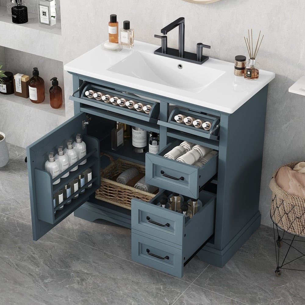 Roomfitters 36" Bathroom Vanity with Ceramic Sink, 2 Tip-out Drawers and Smart Storage Organizer