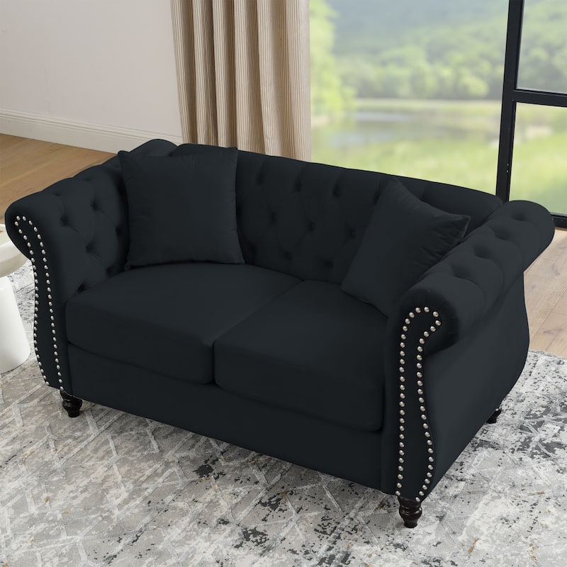 58.8" Chesterfield Sofa Black Velvet for Living Room, 2 Seater Sofa Tufted Couch with Rolled Arms and Nailhead for Living Room,