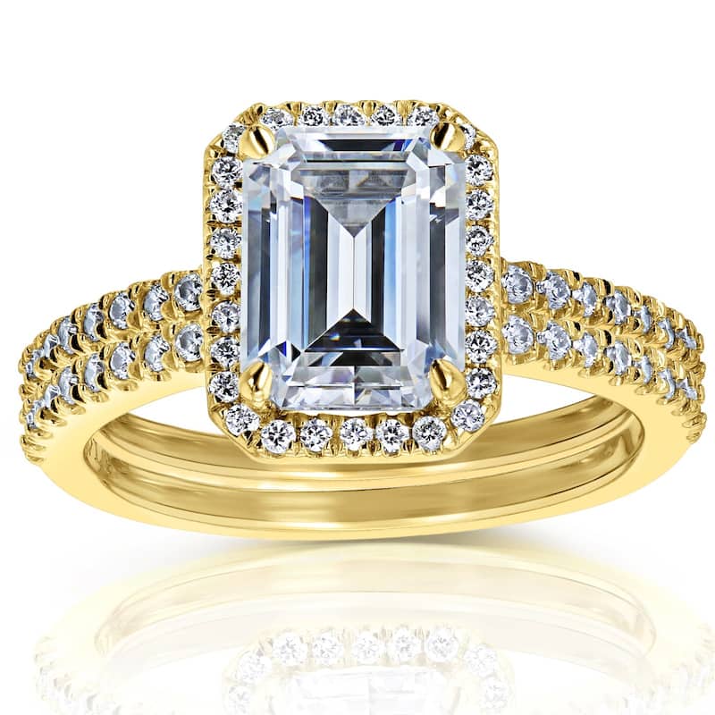 Kobelli 2.2 Carat Moissanite & Lab Grown Diamond 14k Solid Gold Emerald Halo Half Eternity Emma Bridal Set - 11 - Yellow