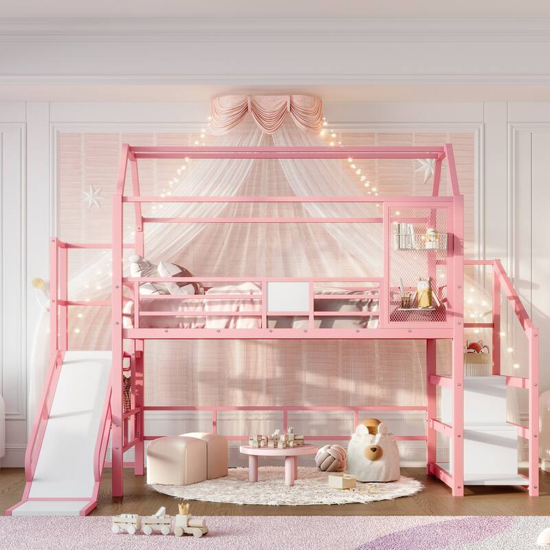 Roomfitters House Loft Bed with Slide and Stairs, Metal Playhouse Frame with Storage Shelves - Pink - Twin