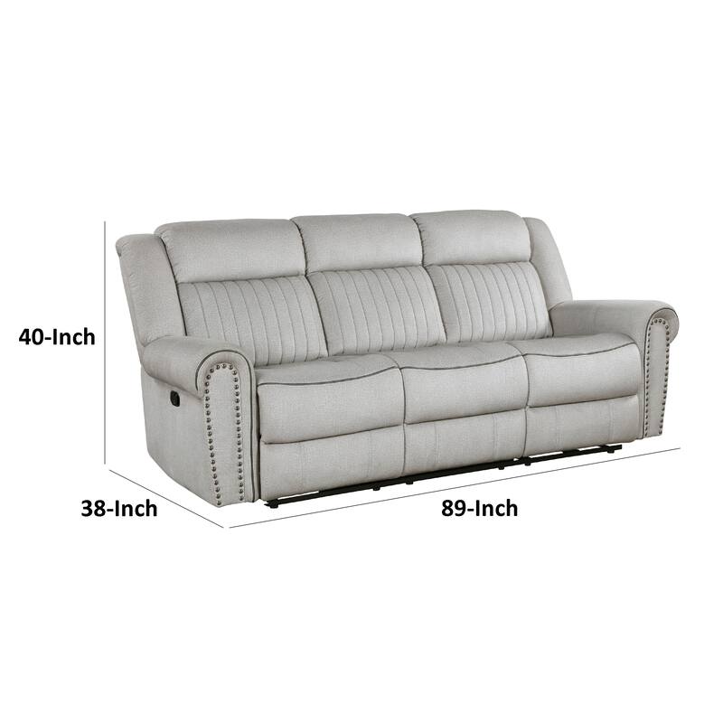 Ben Manual Reclining Sofa, 89 Inch, Gray Microfiber, Nailhead Trims