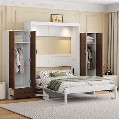 Full Size Murphy Bed Wall Bed with Closet,Drawers and Table