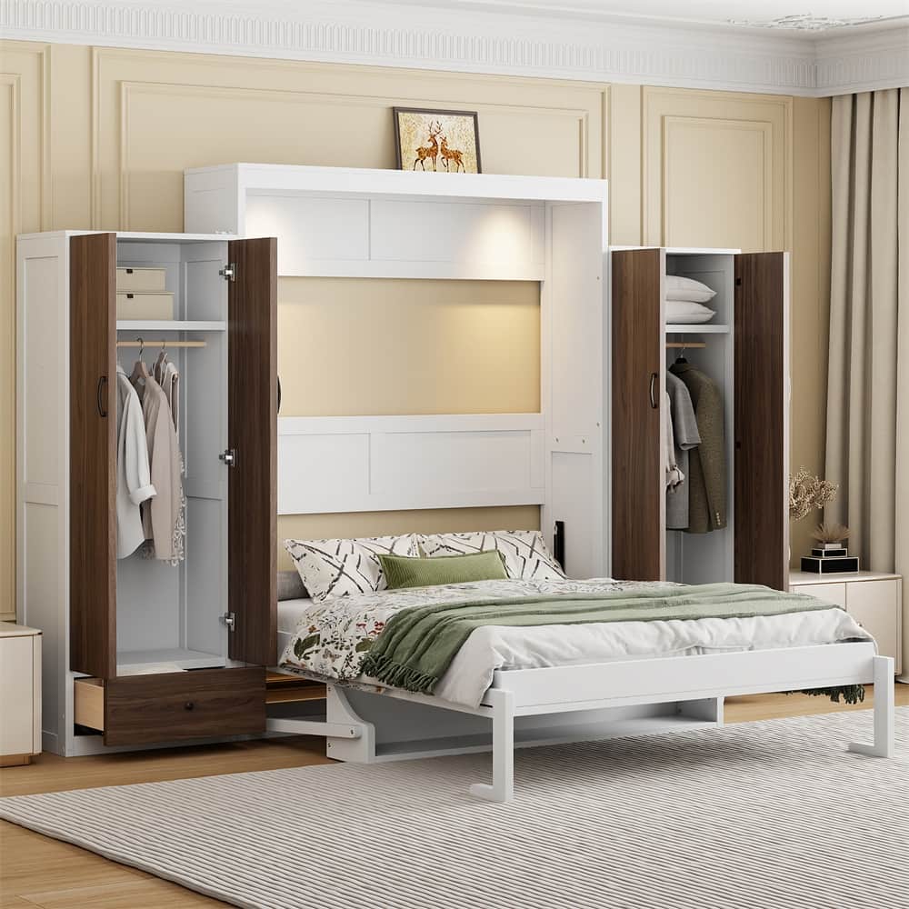 Full Size Murphy Bed Wall Bed with Closet,Drawers and Table