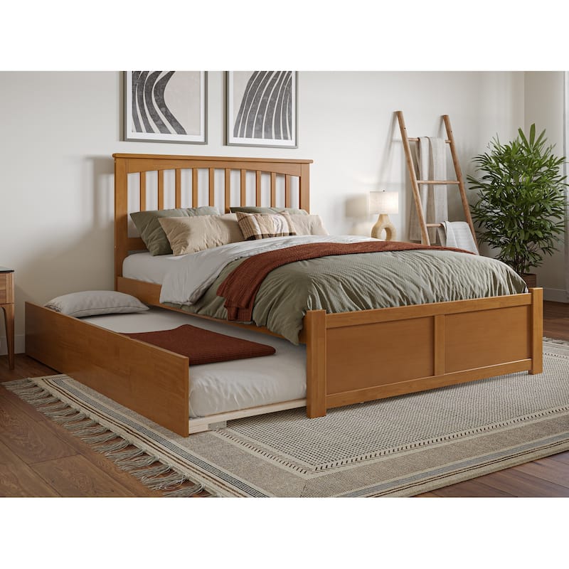 Mission Full Platform Bed with Footboard and Full Trundle Bed - Light Toffee