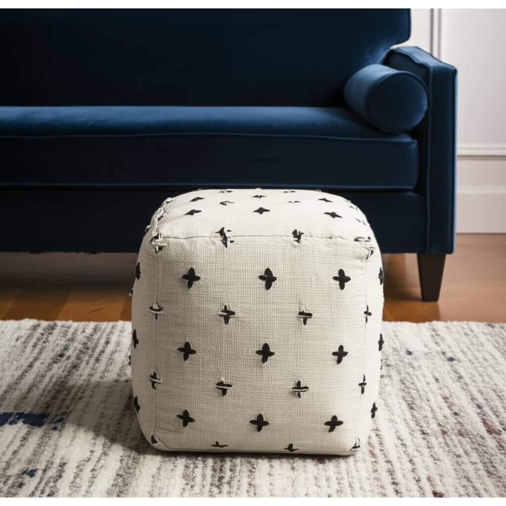 HomeRoots 16" Cream And Black Wool Polka Dots Cube Pouf Ottoman