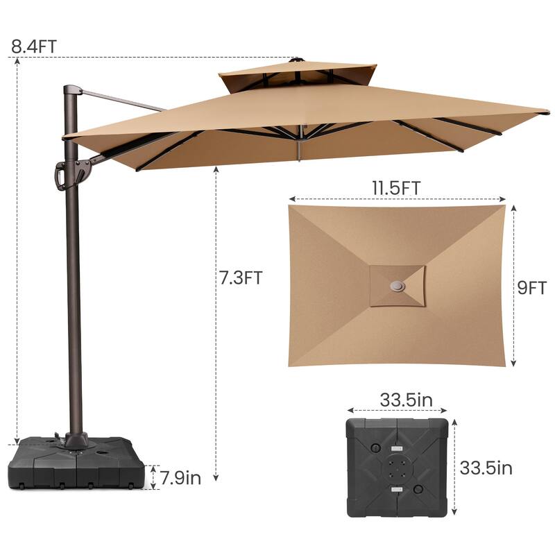 9 x 11.5 FT Outdoor Patio Dual Top Cantilever Umbrella with Weighted Base