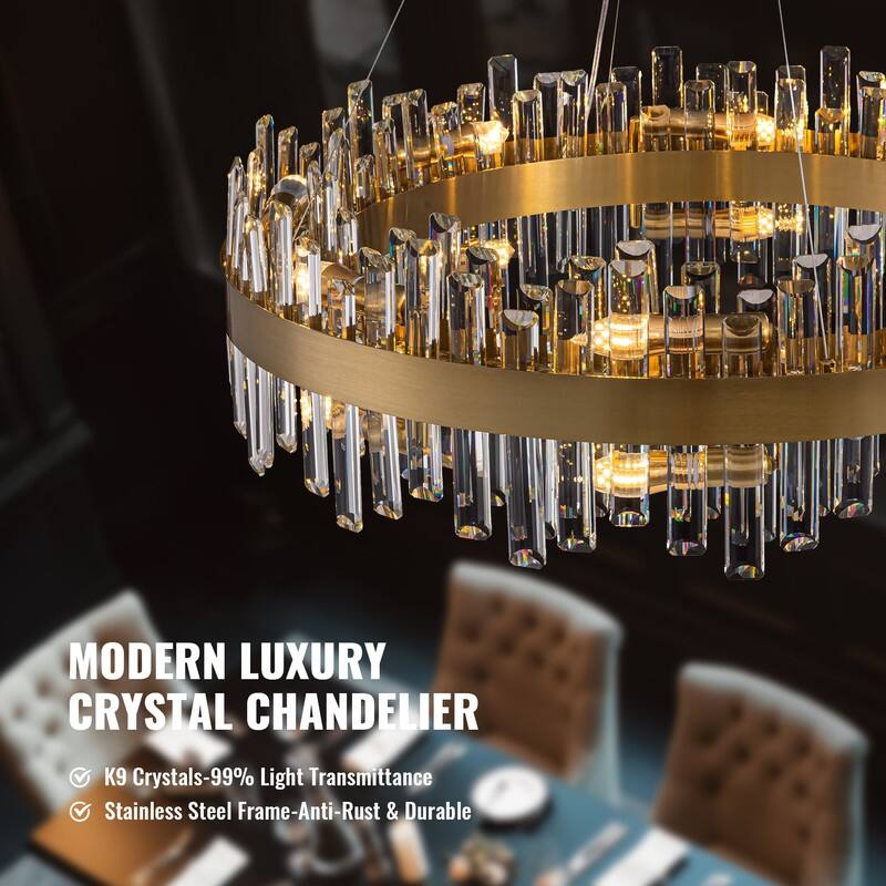 32 in. 2-Tier Modern Crystal Chandelier Brass Gold Round Crystal Raindrop Chandelier Contemporary Pendant Light for Dining Room