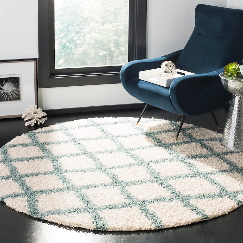 SAFAVIEH Dallas Shag Teja Trellis 1.5-inch Thick Rug - 6' Round - Ivory/Seafoam