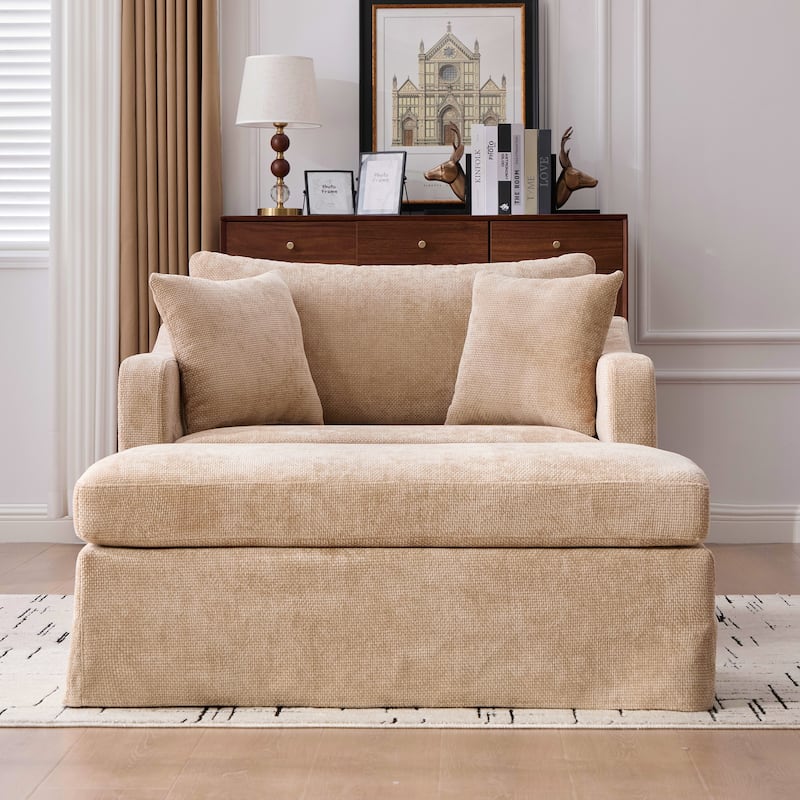 Morden Accent Chair with Ottoman, Chenille Living Room Side Chair, Single Sofa Armchair with Bolster Pillows