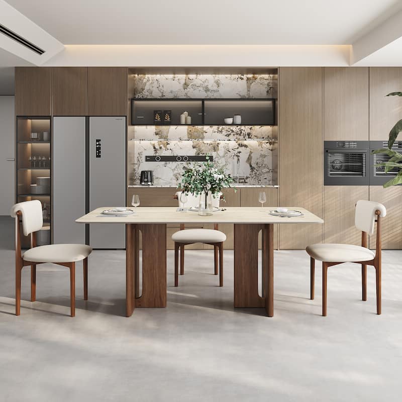 63" Modern Rectangular Dining Table for 4,Faux Marble top with Travertine Texture,Double Legs with Solid Woood Veneer