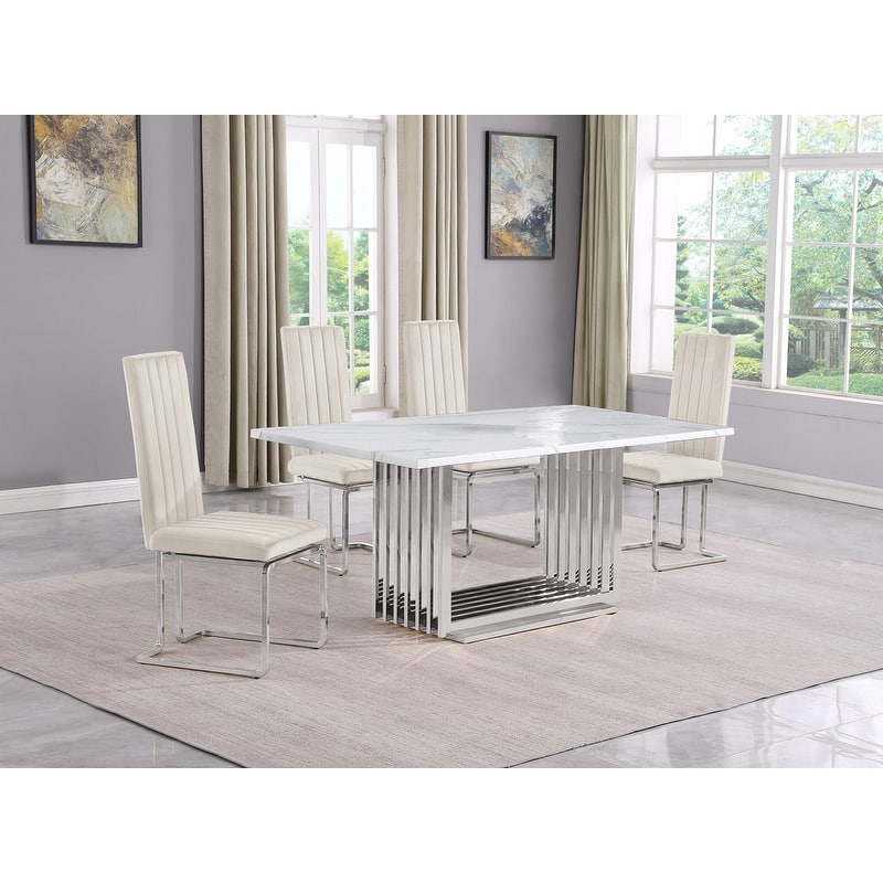 Best Quality Furniture D310/1-SC340-7 Dining Set with 68" White Marble Top - 5-Piece - Cream / Silver