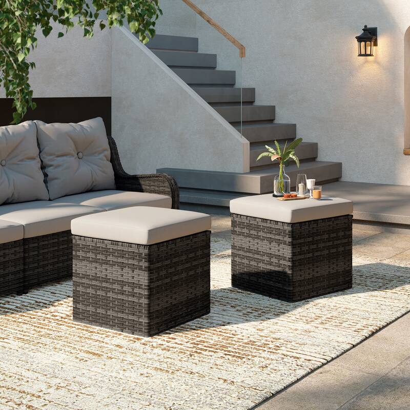 Outdoor Wicker Square Storage Ottoman with Plush Cushion(Set of 2)
