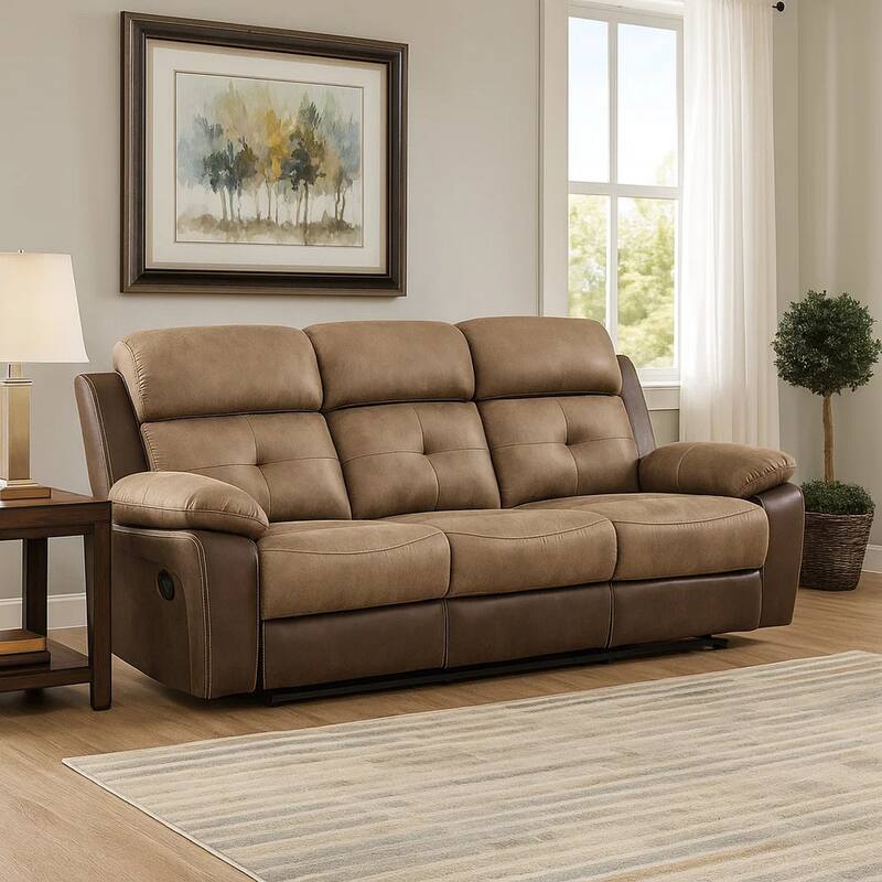 Emma 84 Inch Double Manual Recliner Sofa, Soft Brown Microfiber, Solid Wood