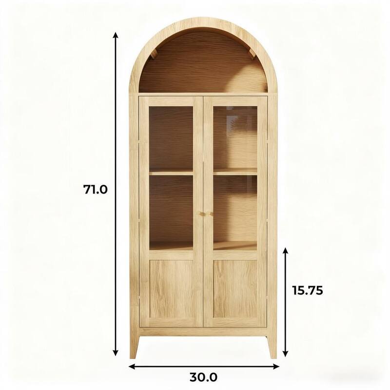 HomeRoots 30" Natural Arched Accent Cabinet With Two Glass Panel Doors
