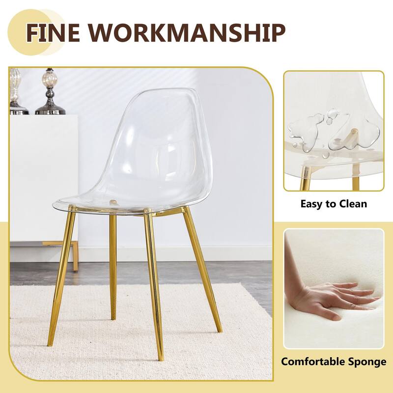 Set of 5 Piece Round Glass Dining Table and 4 Transparent Plastic Chairs X Shaped Metal Base