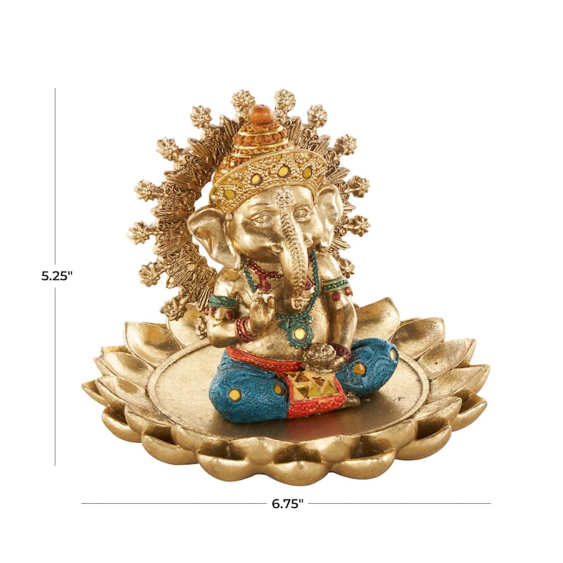 Gold Resin Ganesh Decorative Sculpture with Lotus Plate and Colorful Dresswear
