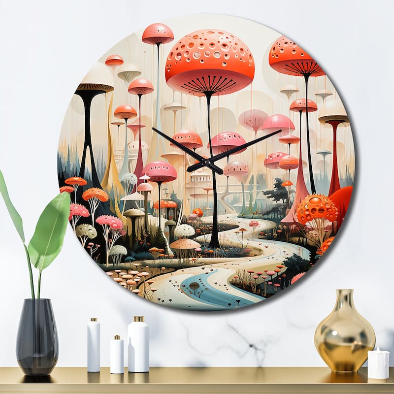 Designart "Colorful Mid Century Midcentury Mushroom Dreams II" Mid-century Oversized Wall Clock - 29 In. Wide x 29 In. High
