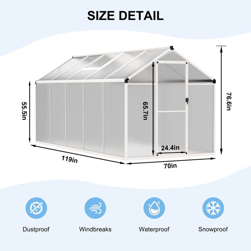 VEIKOUS Aluminum Walk-In Garden Greenhouse Kit with Adjustable Roof Vent and Lockable Door White - 6'×10'
