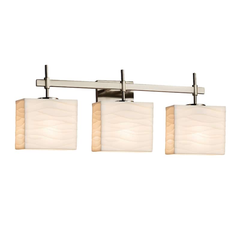 Justice Design Porcelina Union 3-Light Brushed Nickel Bath Bar, Waves Rectangle Shade - Brushed Nickel