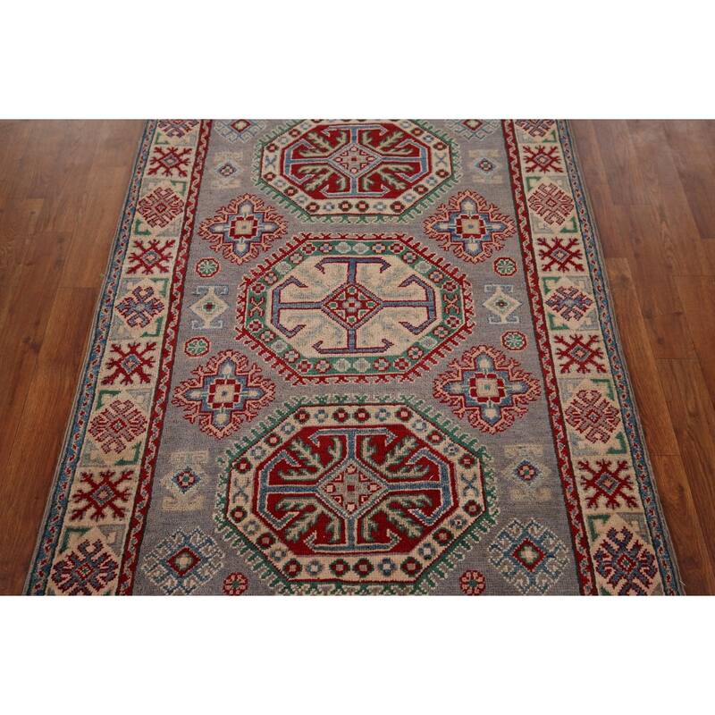 Gray Geometric Kazak Foyer Rug Hand-Knotted Wool Carpet - 3'5" x 4'11"