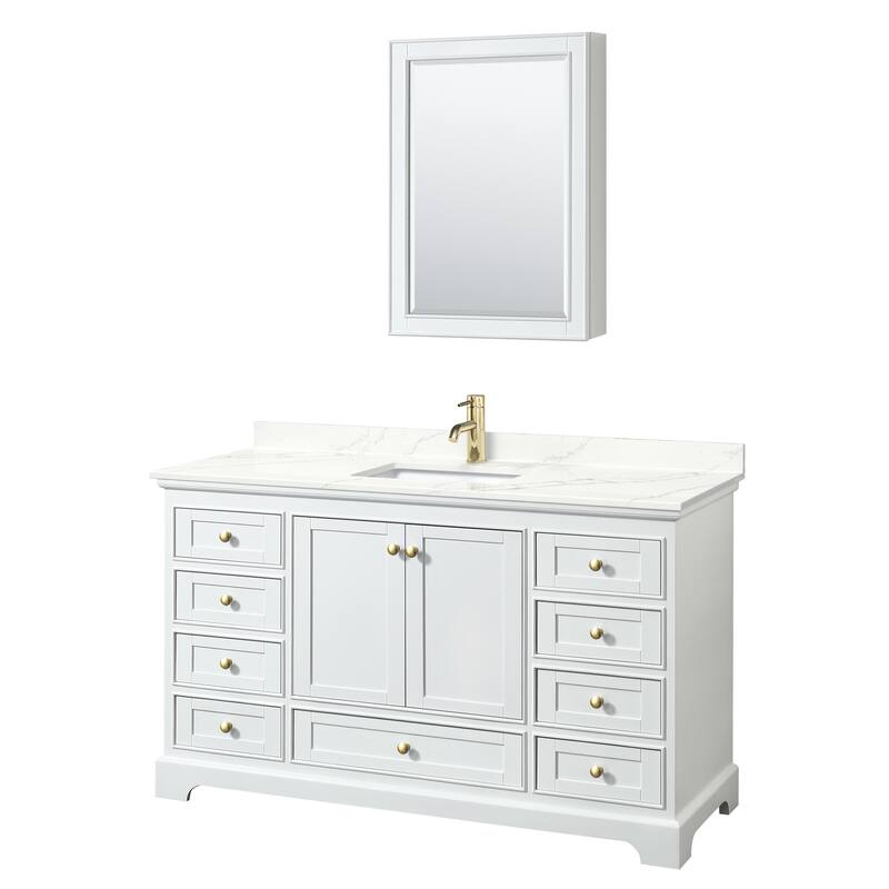 Deborah 60-inch Single Vanity, Quartz Top, Medicine Cabinet - White, Gold Trim, Giotto Quartz Top