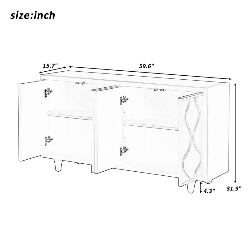 Modern Sideboard Storage Cabinet with Embossed Curved Doors and Adjustable Shelves, 60" Wooden Cabinet for Entryway