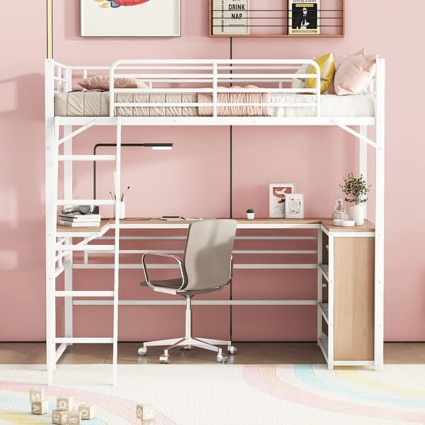 slide 2 of 24, Twin Size Metal Loft Bed with Shelves and L-shaped Desk White - Twin