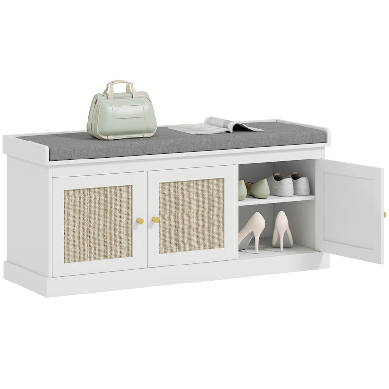 HOMCOM Shoe Bench with Woven Rattan Doors, Shoe Storage Bench with Cushion, Adjustable Shelves, Boho Style Entryway Bench - White