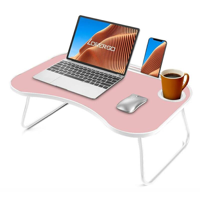 Wood and Metal Design Foldable Laptop Desk with Cup Groove - Pink+White