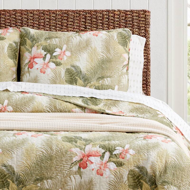 Tommy Bahama Tropical Orchid Green Cotton Reversible Quilt Set