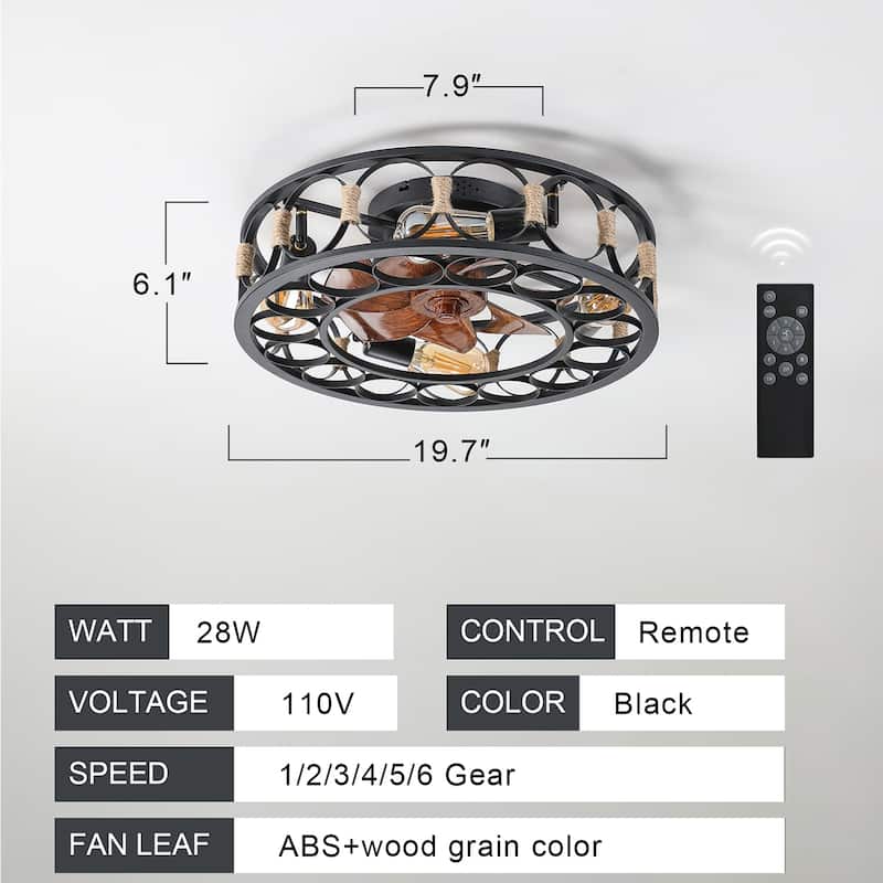 Black Drum Flush Mount Ceiling Fans with Remote Control,Reversible Airflow