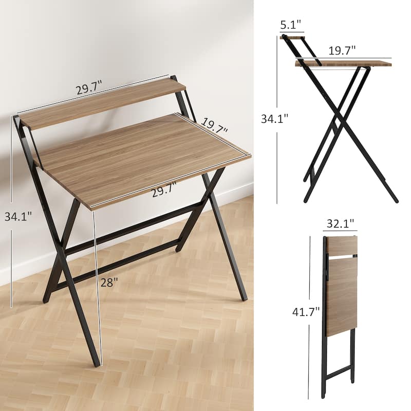 Folding Desk with Monitor Shelf Compact Space Saving Workstation for Home Office