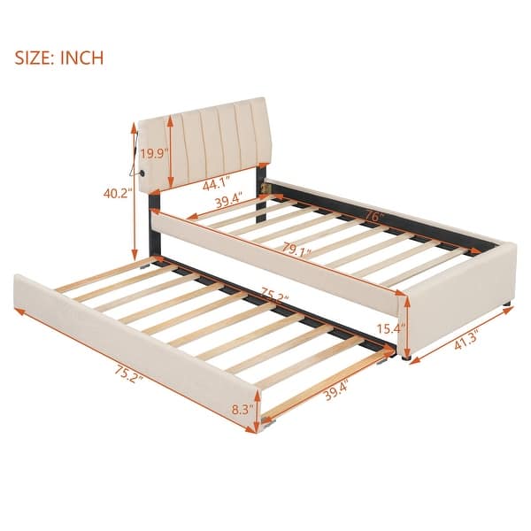 dimension image slide 1 of 2, Teddy Fleece Twin Size Upholstered Platform Bed with Trundle, Beige