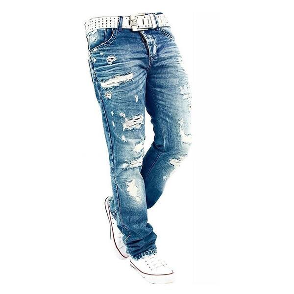 Shop Fashion Men Pleats Ripped Jeans Punk Hip Pop Denim Straight Pants Long Trousers Overstock