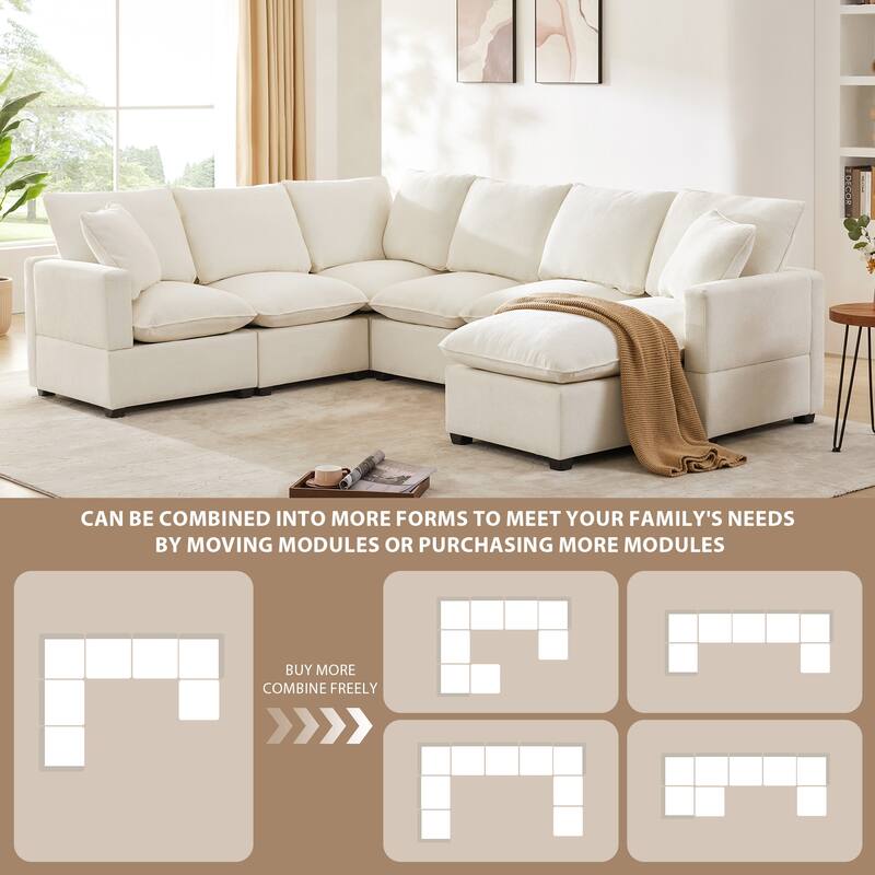 7 Seat Modern Modular U Shape Chenille Sectional Sofa,2 Pillows,Freely Combinable - White