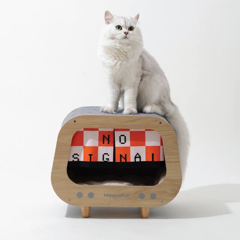 Wooden TV-Shaped Cat Bed, Cat House with Cushion