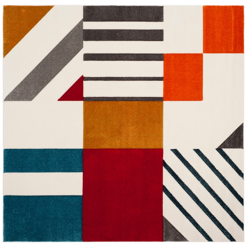 SAFAVIEH Hollywood Tatianna Mid-Century Modern Abstract Rug - 6'7" Square - Ivory/Peacock Blue - Square