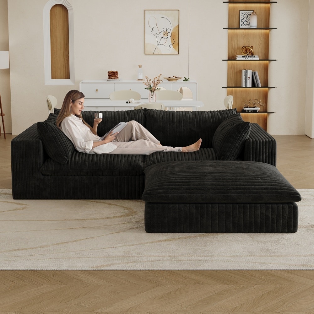 78.80" L-Shape Corduroy Fabric Cloud Sofa with Deep Seat Couches and Ottoman