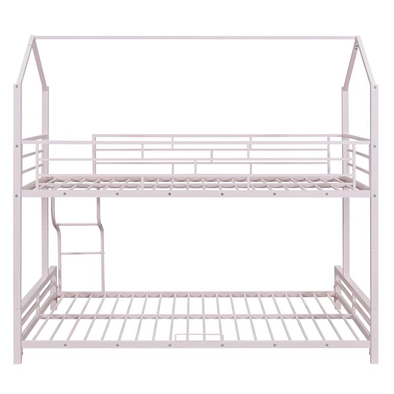 Twin Over Full Kids Heavy Metal House Low Bunk Bed, Convertible Floor Bunk Bed Frame with Full-Length Guardrail and Ladder