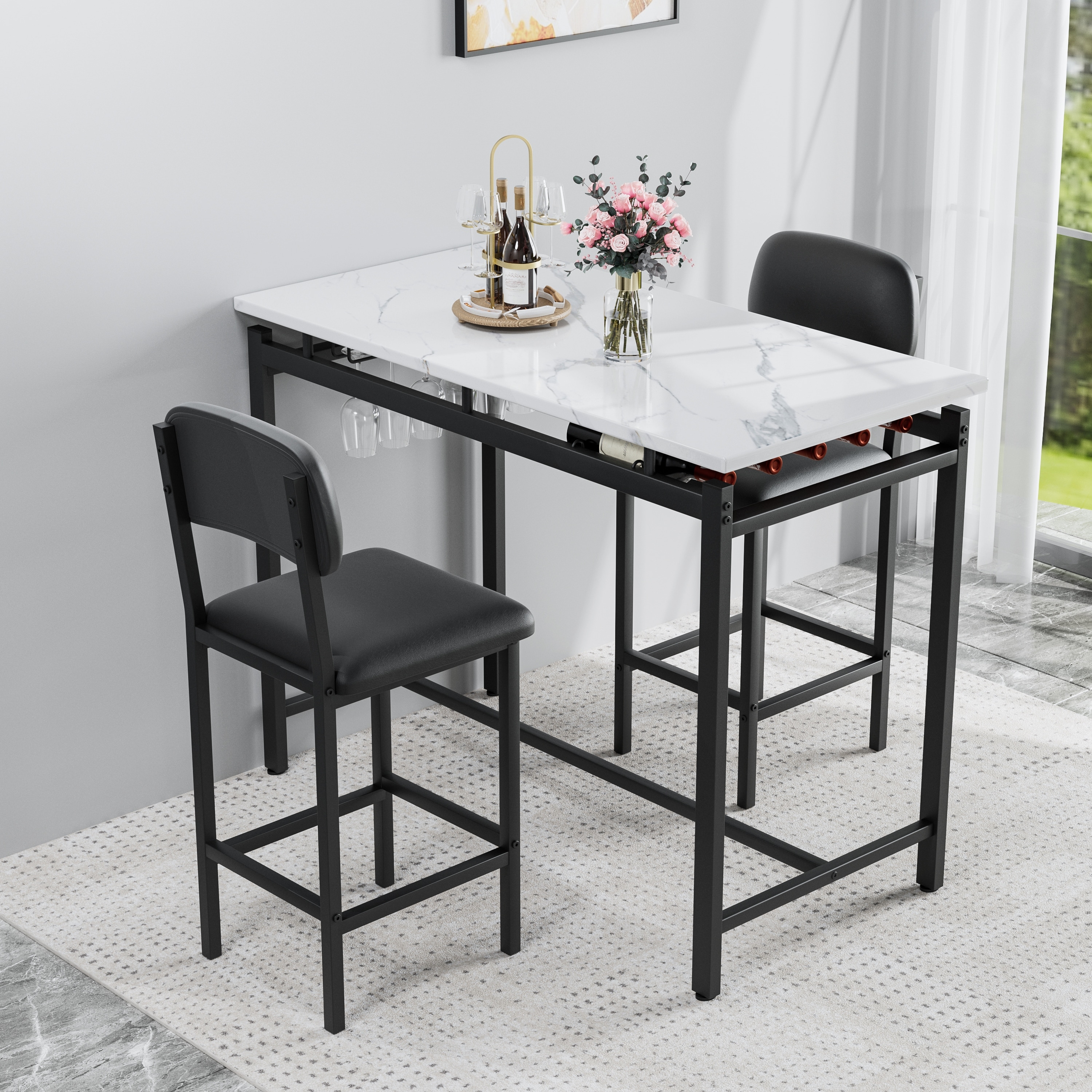 Corner Table Set Bar Table & Chairs Set Kitchen Table Set with Black Upholstered Chairs for Breakfast Nook