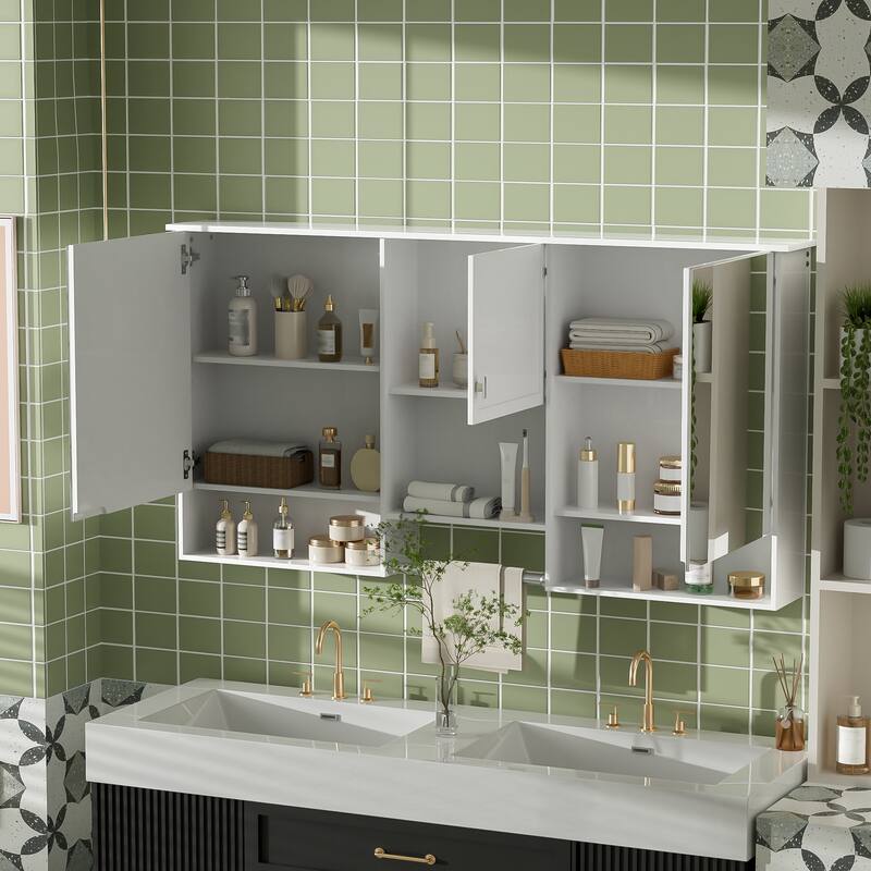 55" Wall-Mount 3-in-1 Mirror Cabinet with Adjustable Shelf, Soft-Closing Hinges, High-Quality MDF, for Bathroom Vanity