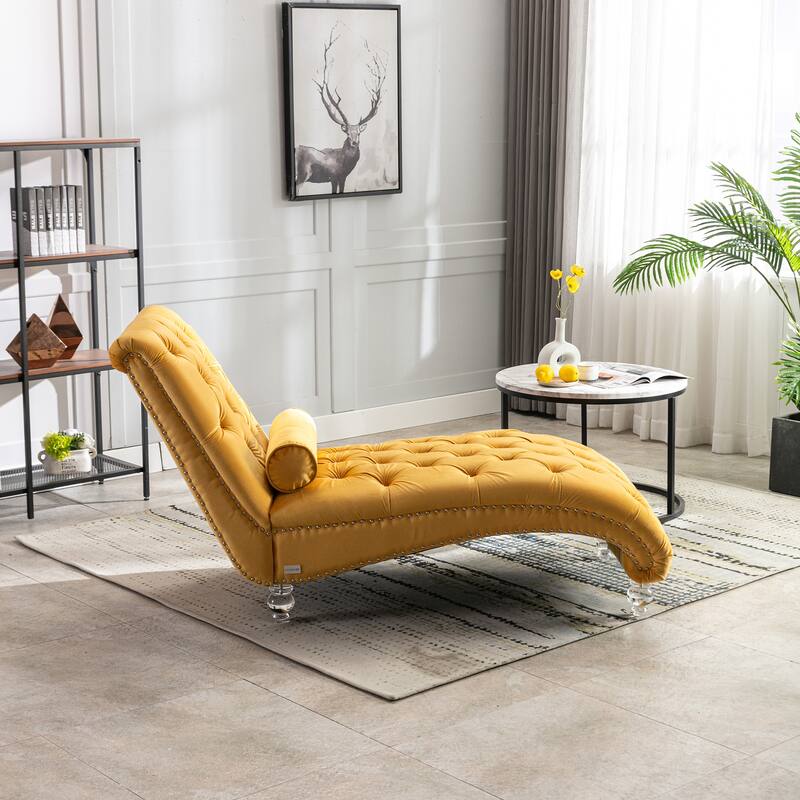 Mustard Modern 63.98" Upholstered Buttons Tufted Chaise Lounge Chair with Pillow and Acrylic Legs