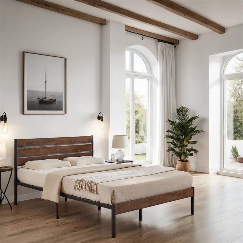 Wood Platform Bed Frame with Headboard and Metal Frame