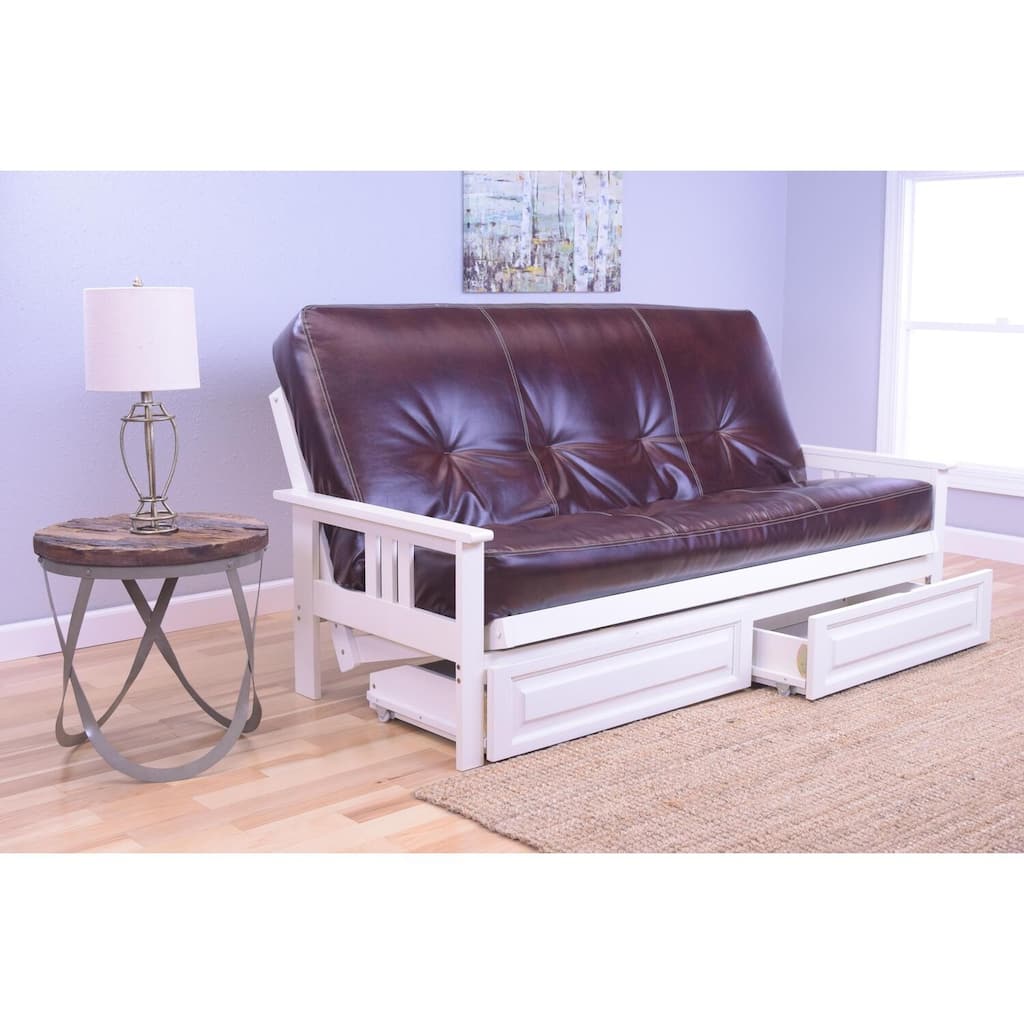 79 in. Antique White/Oregon Trail Java Leather Upholstered Full Size Futon Set with Mattress and Storage Drawers